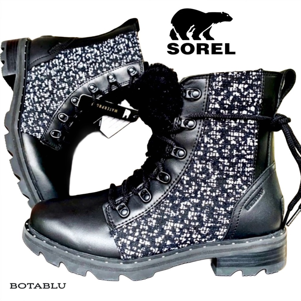 SOREL Lennox Cozy Moto Lace Up Black Fur Waterproof Winter Ankle Bootie Boots